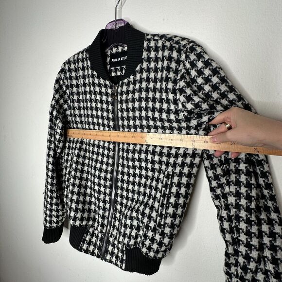Philip Ayler White Black French Tweed Houndstooth Black Trim Zip Bomber Jacket - Picture 5 of 10